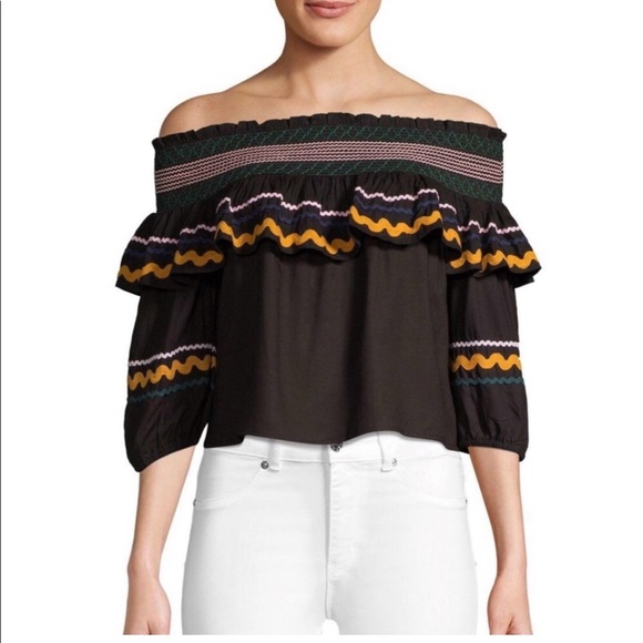Red Carter Ric Rac Off The Shoulder Cropped Crop Top Paloma Ruffle Embroidered - Picture 1 of 14
